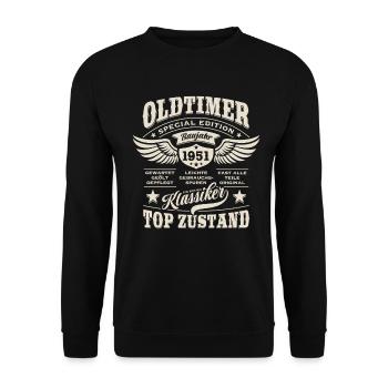 Oldtimer Baujahr 1951 - Geburtstag - Geschenk - Unisex Pullover - Schwarz - Vorne - Alina (178cm) & Michal (187cm)
