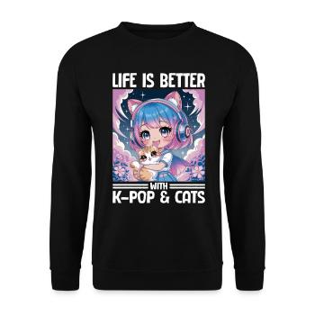 Anime K Pop & Cats Kawaii - Unisex Pullover - Schwarz - Vorne - Alina (178cm) & Michal (187cm)