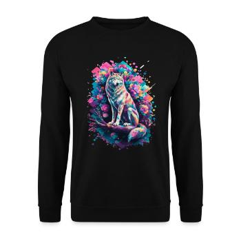 Farbiger Wolf Mit Blumen Und Geometrischen Formen - Unisex Pullover - Schwarz - Vorne - Alina (178cm) & Michal (187cm)
