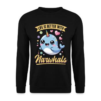Narwhal Chibi Kawaii - Unisex Pullover - Schwarz - Vorne - Alina (178cm) & Michal (187cm)
