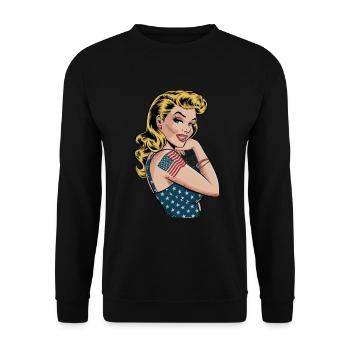 Vintage Americana Pin-Up mit Flaggenmotiv und - Unisex Pullover - Schwarz - Vorne - Alina (178cm) & Michal (187cm)