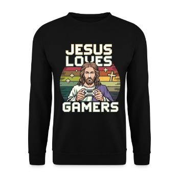 Jesus Liebt Gamer Bunte Retro Kunst Mit - Unisex Pullover - Schwarz - Vorne - Alina (178cm) & Michal (187cm)