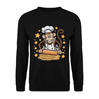 Lustiger Affenbäcker Mit Teigrolle Und Sternen - Unisex Pullover - Schwarz - Vorne - Alina (178cm) & Michal (187cm)