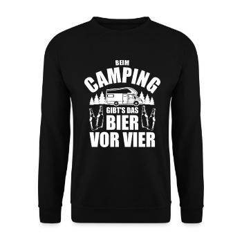 Beim Camping gibts das Bier vor vier - Spruch - Unisex Pullover - Schwarz - Vorne - Alina (178cm) & Michal (187cm)
