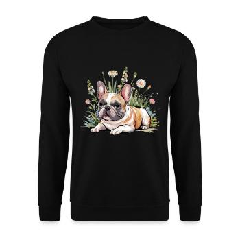 Französische Bulldogge im Blumenfeld Entspannung - Unisex Pullover - Schwarz - Vorne - Alina (178cm) & Michal (187cm)
