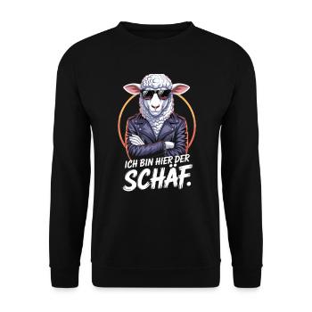 Cooles Schaf Mit Sonnenbrille Und Lederjacke - Unisex Pullover - Schwarz - Vorne - Alina (178cm) & Michal (187cm)