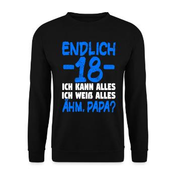 18 Endlich 18. Geburtstag Geschenk 18. - Unisex Pullover - Schwarz - Vorne - Alina (178cm) & Michal (187cm)