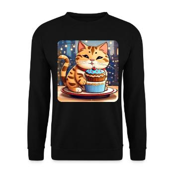 Niedliche dicke Katze mit Cup Cake - Unisex Pullover - Schwarz - Vorne - Alina (178cm) & Michal (187cm)