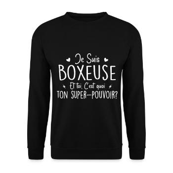 Ich bin Boxer. Was ist deine Superkraft? - Unisex Pullover - Schwarz - Vorne - Alina (178cm) & Michal (187cm)
