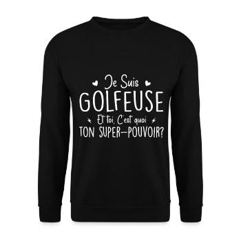 Ich bin Golfer. Was ist deine Superkraft? - Unisex Pullover - Schwarz - Vorne - Alina (178cm) & Michal (187cm)