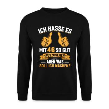 46. Geburtstag Mann Frau 46 Jahre - Unisex Pullover - Schwarz - Vorne - Alina (178cm) & Michal (187cm)