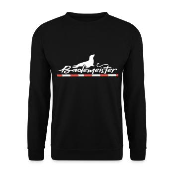 Schwimmer Bademeister am Beckenrand Schwimmbad - Unisex Pullover - Schwarz - Vorne - Alina (178cm) & Michal (187cm)