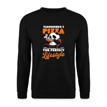 Taekwondo Kämpfer Taekwondo und Pizza Panda Bär - Unisex Pullover - Schwarz - Vorne - Alina (178cm) & Michal (187cm)