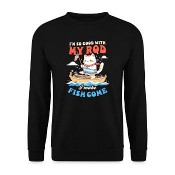 Angler, der gut mit der Rute umgehen kann, bringt Fische zum Kommen - Unisex Pullover - Schwarz - Vorne - Alina (178cm) & Michal (187cm)