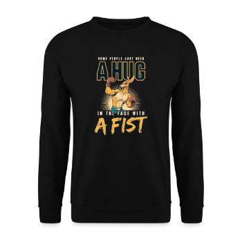 Boxumarmung mit einer Faust im Gesicht - Unisex Pullover - Schwarz - Vorne - Alina (178cm) & Michal (187cm)
