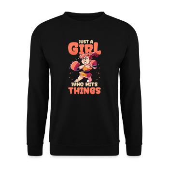 Boxendes Mädchen hat Dinge getroffen - Unisex Pullover - Schwarz - Vorne - Alina (178cm) & Michal (187cm)