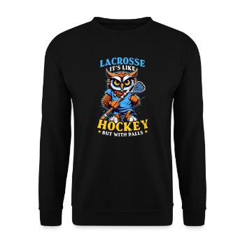 Lacrosse Coach wie Hokey, aber mit Bällen Eule - Unisex Pullover - Schwarz - Vorne - Alina (178cm) & Michal (187cm)