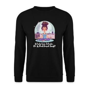 Yoga Maman Inspirez l’amour, expirez... Toast brûlé ? - Sweat-shirt Unisexe - noir - Devant - Alina (178cm) & Michal (187cm)