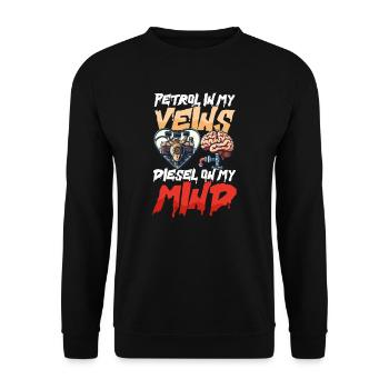 Dieselauto-Liebhaber Benzin in meinen Adern - Unisex Pullover - Schwarz - Vorne - Alina (178cm) & Michal (187cm)