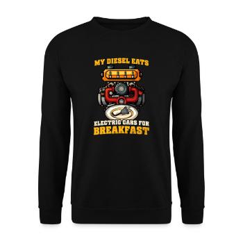 Dieselauto-Liebhaber Diesel isst Elektro für Frühstück - Unisex Pullover - Schwarz - Vorne - Alina (178cm) & Michal (187cm)