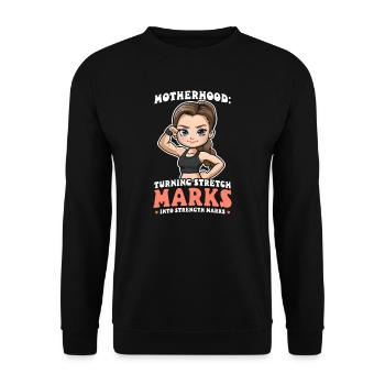 Bodybuilding Mama Dehnungsstreifen in Starkspuren - Unisex Pullover - Schwarz - Vorne - Alina (178cm) & Michal (187cm)