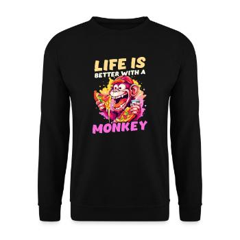 Affenliebhaber Leben besser mit Affen - Unisex Pullover - Schwarz - Vorne - Alina (178cm) & Michal (187cm)