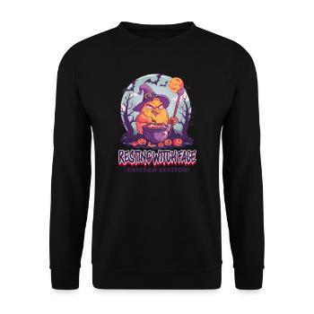 Halloween Huhn Ruhendes Hexengesicht - Unisex Pullover - Schwarz - Vorne - Alina (178cm) & Michal (187cm)