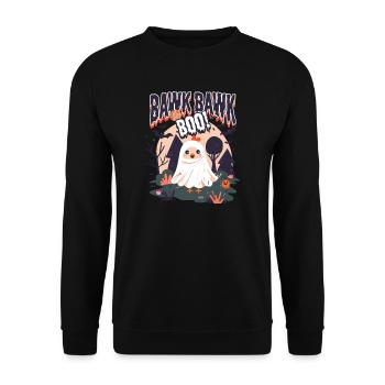 Halloween Hühnchen Bawk Bawk Buh! - Unisex Pullover - Schwarz - Vorne - Alina (178cm) & Michal (187cm)