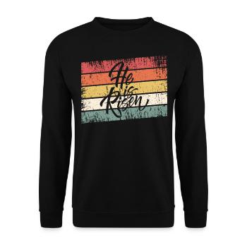 Jesus Christus - Christliches Shirt - He is risen - Unisex Pullover - Schwarz - Vorne - Alina (178cm) & Michal (187cm)