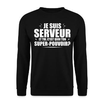 Ich bin Kellner. Was ist deine Superkraft? - Unisex Pullover - Schwarz - Vorne - Alina (178cm) & Michal (187cm)