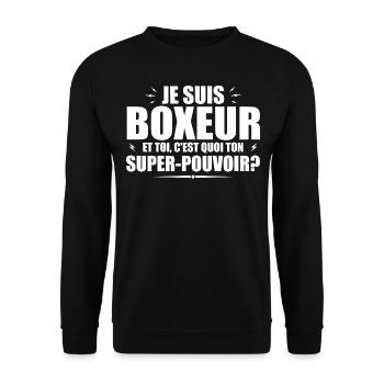 Ich bin Boxer. Was ist deine Superkraft? - Unisex Pullover - Schwarz - Vorne - Alina (178cm) & Michal (187cm)