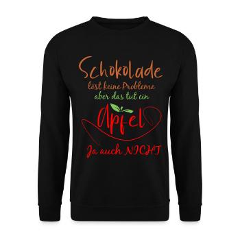 Schokolade und Apfel Motiv mit Humor - Unisex Pullover - Schwarz - Vorne - Alina (178cm) & Michal (187cm)