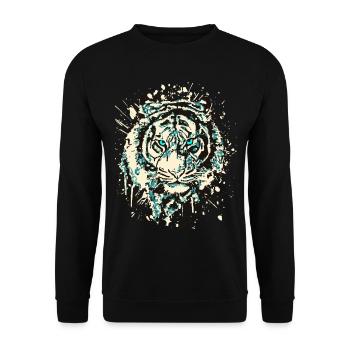 Tiger Katze - Vintage Grunge - Katzenauge Blau - Unisex Pullover - Schwarz - Vorne - Alina (178cm) & Michal (187cm)