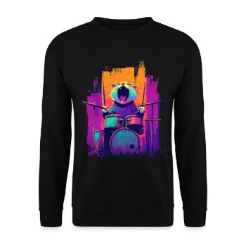 Wilde Katze am Schlagzeug - Motiv für Rock Musiker - Unisex Pullover - Schwarz - Vorne - Alina (178cm) & Michal (187cm)