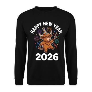 Happy New Year 2026 Highland Cow Party Hat - Unisex Sweatshirt - black - Front - Alina (178cm) & Michal (187cm)