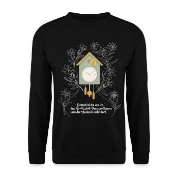 Heimat Kuckucksuhr lustiger WLAN Spruch - Unisex Pullover - Schwarz - Vorne - Alina (178cm) & Michal (187cm)
