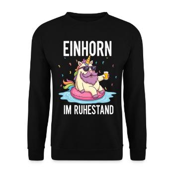 Einhorn im Ruhestand – Geschenk zum Renteneintritt - Unisex Pullover - Schwarz - Vorne - Alina (178cm) & Michal (187cm)