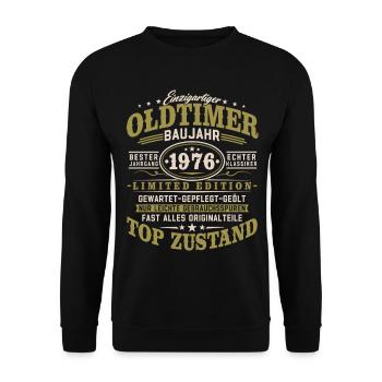 Oldtimer Baujahr 1976 Jahrgang Geburtstag Geschenk - Unisex Pullover - Schwarz - Vorne - Alina (178cm) & Michal (187cm)