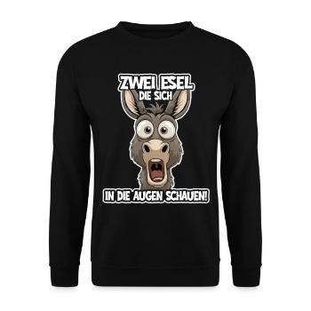 Zwei Esel schauen sich an – Lustiger Spruch - Unisex Pullover - Schwarz - Vorne - Alina (178cm) & Michal (187cm)