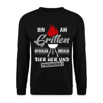 Bin am Grillen Grillparty BBQ Grillfest Bier her - Unisex Pullover - Schwarz - Vorne - Alina (178cm) & Michal (187cm)
