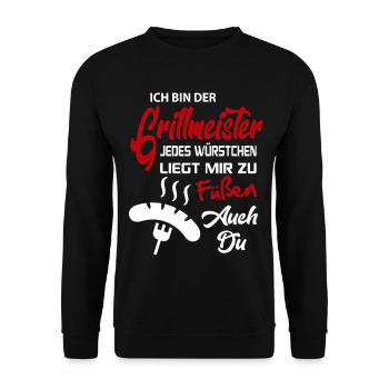Grillmeister Würstchen BBQ Grillfest Sprüche - Unisex Pullover - Schwarz - Vorne - Alina (178cm) & Michal (187cm)
