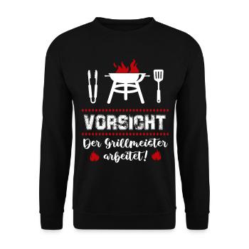 Der Grillmeister arbeitet Grillsprüche BBQ Party - Unisex Pullover - Schwarz - Vorne - Alina (178cm) & Michal (187cm)