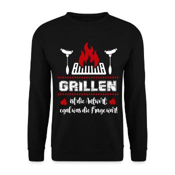 Grillen ist die Antwort Grillsprüche BBQ Grillfest - Unisex Pullover - Schwarz - Vorne - Alina (178cm) & Michal (187cm)