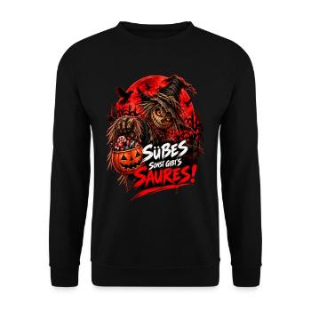 Halloween Vogelscheuche – Süßes oder Saures - Unisex Pullover - Schwarz - Vorne - Alina (178cm) & Michal (187cm)