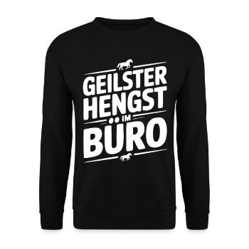 Geiler Hengst im Büro Bürosprüche Mann Lustig Fun - Unisex Pullover - Schwarz - Vorne - Alina (178cm) & Michal (187cm)