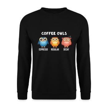 Lustige Kaffee-Eulen - Decaf - Regular - Espresso Tee - Unisex Pullover - Schwarz - Vorne - Alina (178cm) & Michal (187cm)