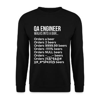 Un ingénieur Qa entre dans un bar Débogage drôle - Sweat-shirt Unisexe - noir - Devant - Alina (178cm) & Michal (187cm)
