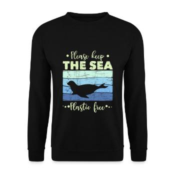 Seal Please Keep The Sea Plastic Free - Retro - Sweat-shirt Unisexe - noir - Devant - Alina (178cm) & Michal (187cm)
