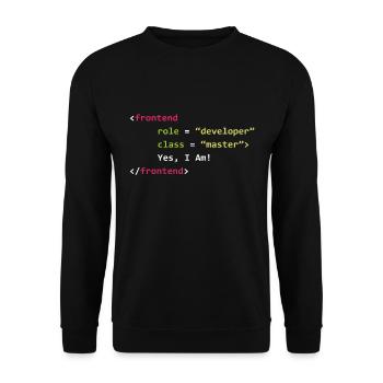 Lustiger Geschenkcodierer-Programmierer des Frontend-Entwicklers - Unisex Pullover - Schwarz - Vorne - Alina (178cm) & Michal (187cm)