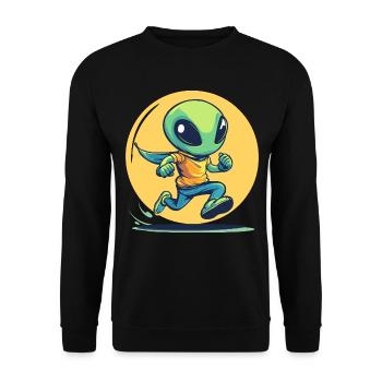 Laufender Alien im Comic-Stil - Unisex Pullover - Schwarz - Vorne - Alina (178cm) & Michal (187cm)